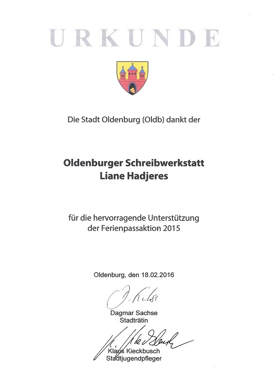 Urkunde Ferienpassaktion Stadt Oldenburg 2015