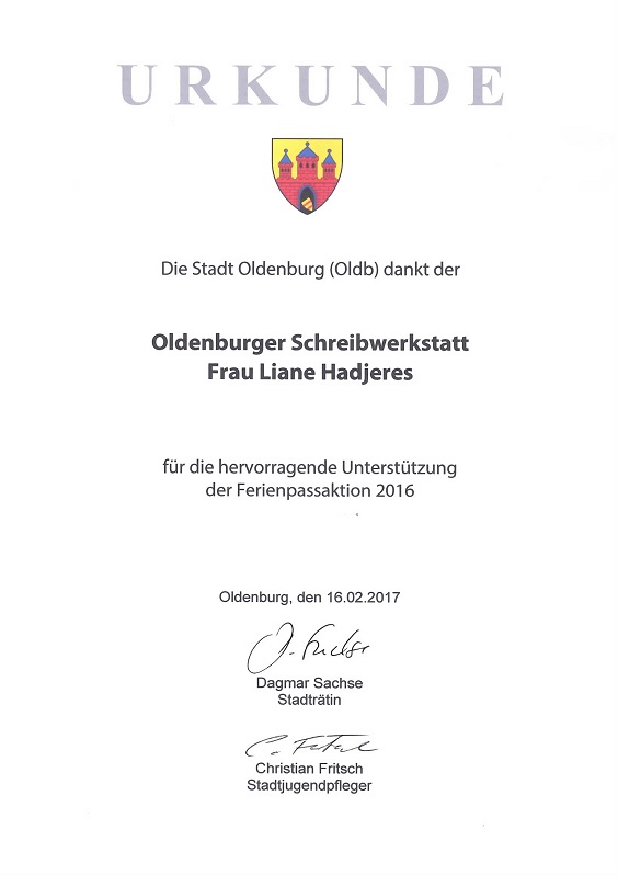 Urkunde Ferienpassaktion Stadt Oldenburg 2016