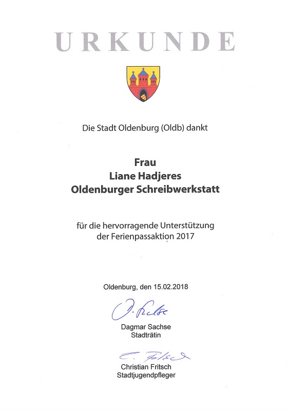 Urkunde Ferienpassaktion Stadt Oldenburg 2017